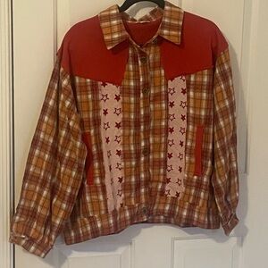 POL Red and Orange Plaid Jacket with Stars Small